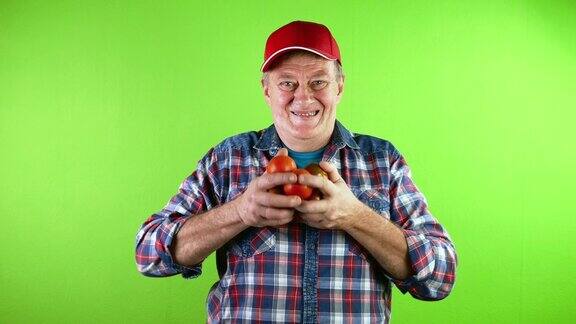 笑容快乐的农民自豪地展示他花园里种植的新鲜成熟的西红柿