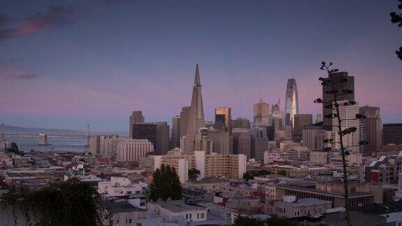 旧金山市中心的日落到夜晚
