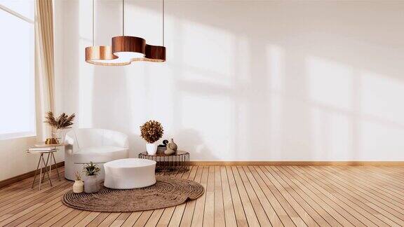 阁楼风格木地板上的白色墙壁地毯上的沙发扶手椅三维渲染