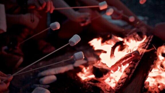 多民族男女在篝火上烤棉花糖串
