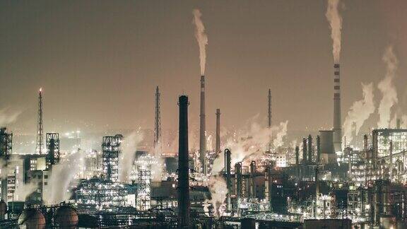 石化装置及炼油工业夜间鸟瞰图