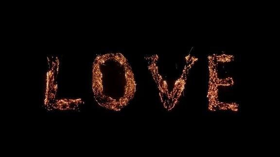 “爱”这个词的燃烧钢棉在透明背景上阴燃美丽的燃烧