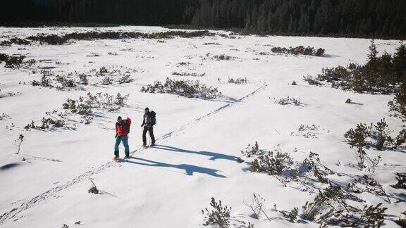 冬季登山运动员在阳光明媚的日子穿雪鞋穿过山谷的空中拍摄