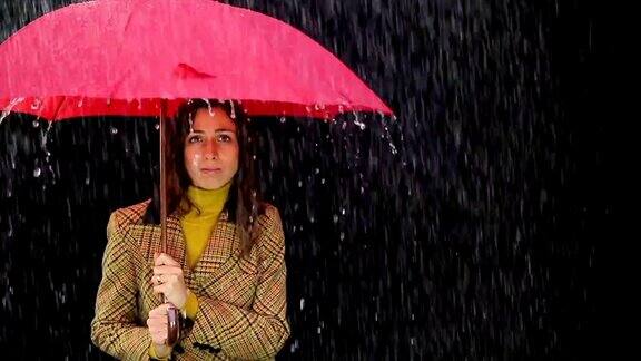 忧愁的女人在雨中撑着伞