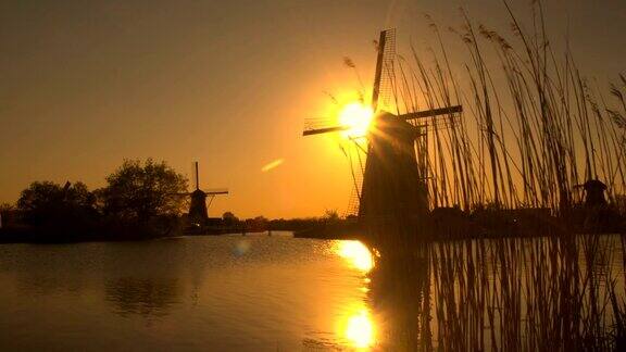 美丽的金色清晨河边的古老风车令人惊叹