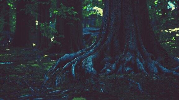 一棵长满苔藓的老树的根