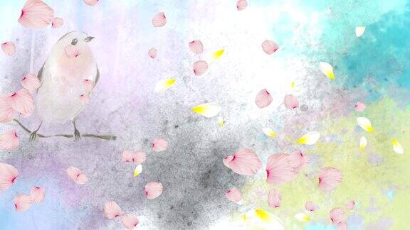 春色的动画粉红色的花瓣和小鸟