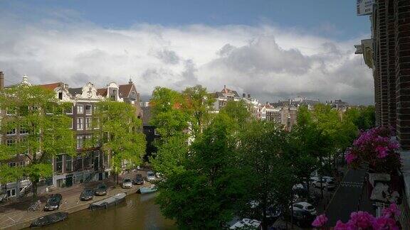 白天阿姆斯特丹市中心运河慢镜头窗花全景4k荷兰