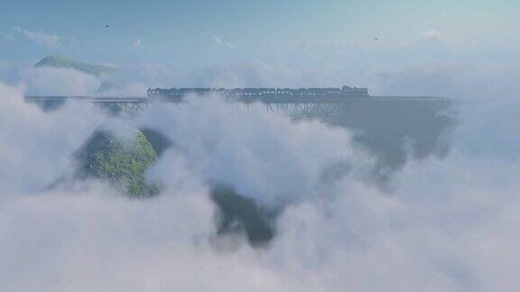 火车行驶在云雾缭绕的铁路上