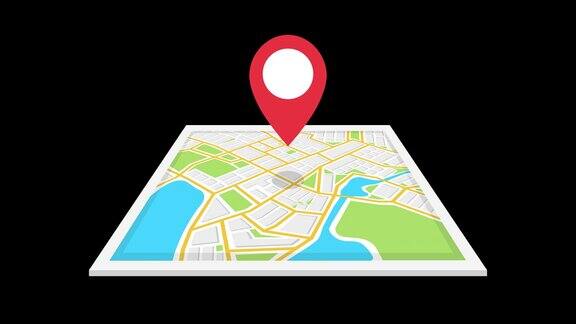 导航地图和红色检查点图标带有alpha通道的循环动画4k决议