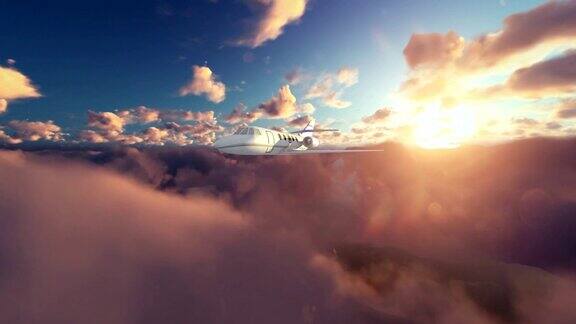 日出时云层上的塞斯纳飞机