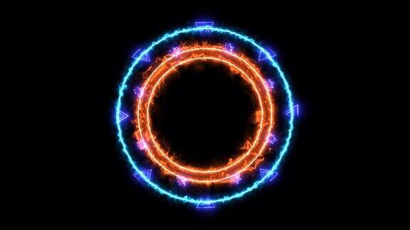 抽象热橙色能量和蓝色能量圆线辉光与三角星和六角星均旋转