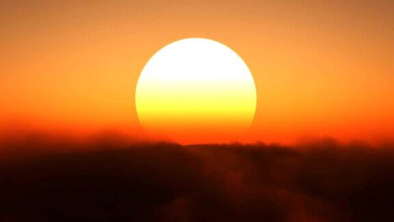 黄昏时分飞过云层飞向一个巨大的太阳