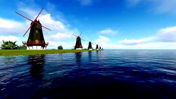 荷兰水边的风车