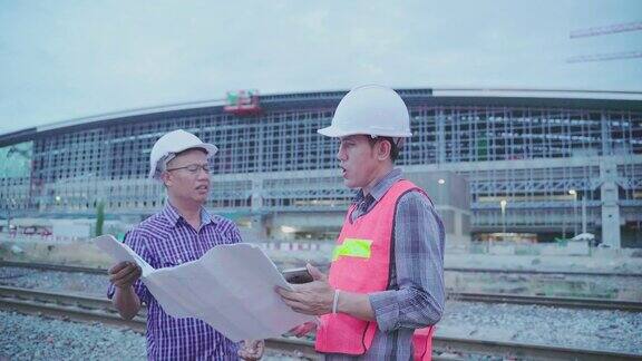 建筑师和工程师施工协调员在施工现场检查平面图