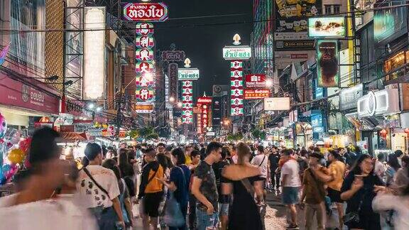 曼谷唐人街在晚上的时间流逝泰国