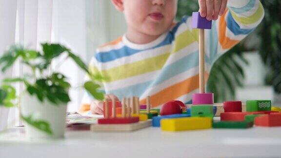 一个小男孩玩木制玩具并搭了一座塔儿童逻辑教育玩具蒙特梭利儿童发展游戏儿童木制玩具