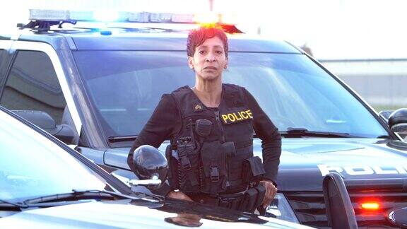 非裔美国女警察站在巡逻车旁