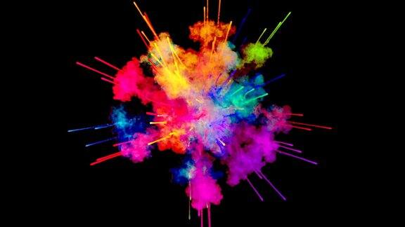 烟花般的油漆爆炸的彩色粉末孤立在黑色背景3d动画作为彩色的抽象背景彩虹颜色1