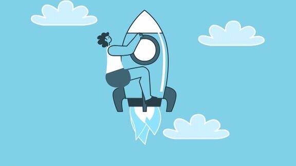 一个女人从智能手机上坐火箭飞了起来创业和职业发展概念平面设计卡通人物孤立的2d动画