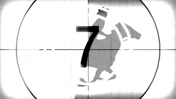 复古复古的白色倒计时与卡通骑士牛仔在奔跑的马无缝无尽的循环新的质量独特的手工动画动态快乐的视频片段