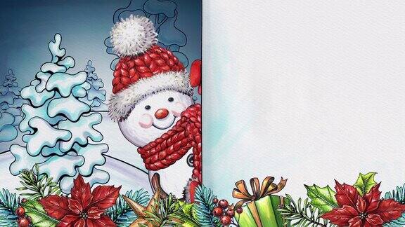 水彩动画卡通雪人节日快乐贺卡冬季景观节日花环和装饰品