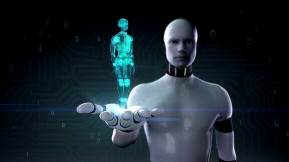 机器人张开手掌机器人身体呈蓝色透明机器人技术