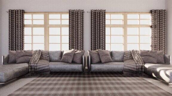 现代风格白色墙壁的木地板和沙发扶手椅的地毯三维渲染