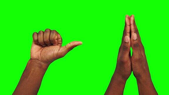 绿色屏幕上显示了黑人男性的30种肢体语言手势
