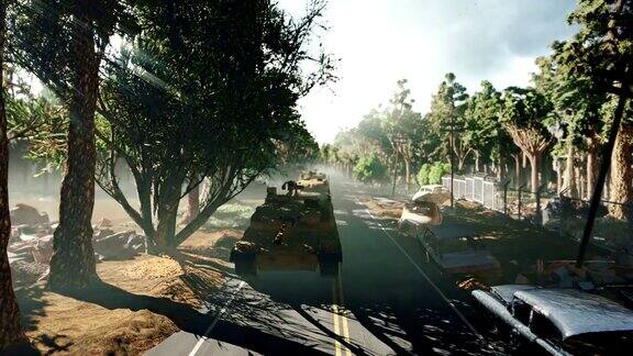 清晨军用坦克行驶在战场上尘土飞扬的废弃公路上