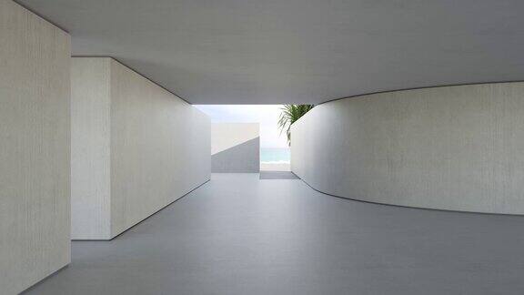 在现代海滨别墅或公寓的混凝土地板上的空白色曲线墙