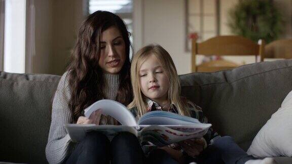 年轻迷人的妈妈和她的女儿在沙发上看书