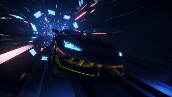 4K循环速度赛车假3D视频游戏车前面霓虹灯隧道