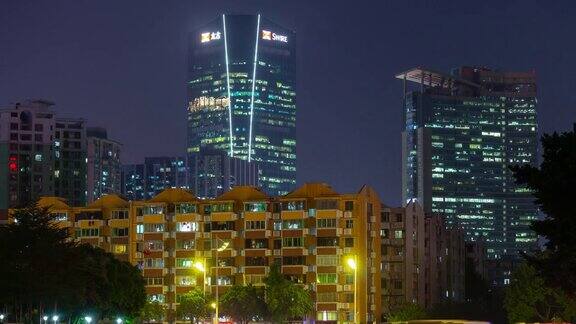广州夜景公寓大楼前临市中心办公摩天楼交通街道延时全景4k中国