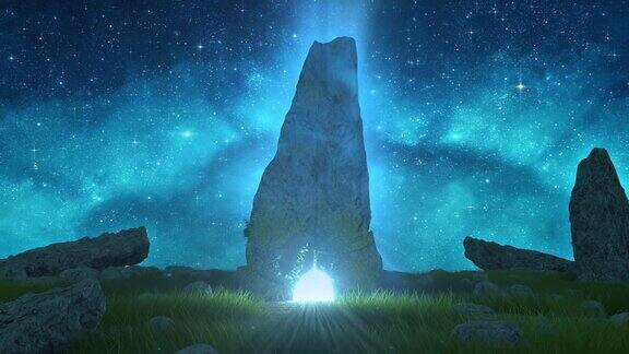 在夜晚的石头传送门-幻想景观循环自然背景