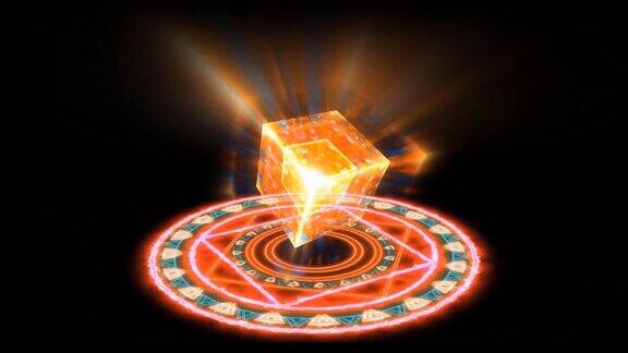 魔法圆充满红色径向能量双天六星旋转火焰威力压倒立方体