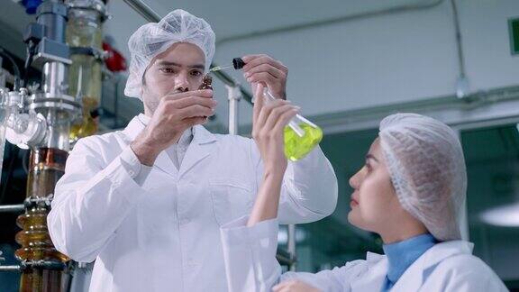 成熟的科学家男性拿着滴管和小瓶在生化实验室测试他的同事科学家女性拿着锥形瓶从提取的叶子中提取有效成分叶子实验室工厂