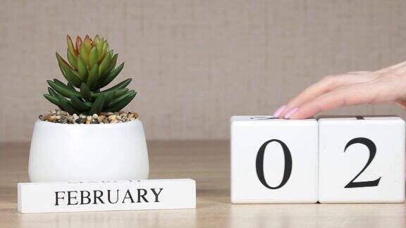 木制日历在2月2日有一个重要的事件一个女人的手在日历上设置日期冬天的季节