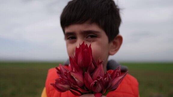 小男孩在摘花