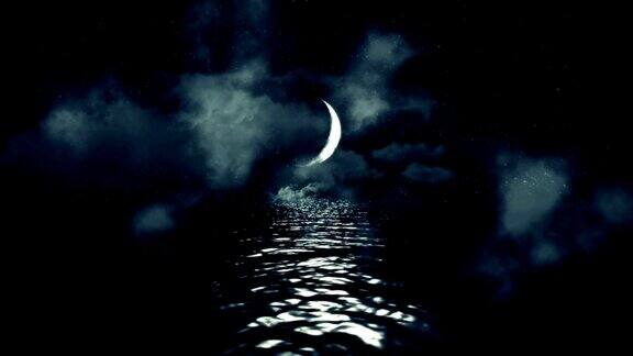 神奇的新月在海上倒影在一个多云的星夜