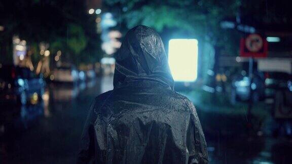 年轻人在下雨的时候穿上雨衣在潮湿的天气里走回家