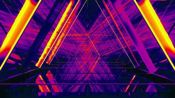 未来抽象动画的空间背景在三角形隧道与射线和霓虹灯管具有发光光的几何隧道的创意动画具有三角形概念的抽象走廊