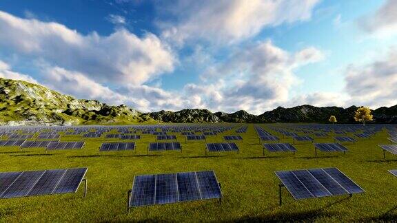 太阳能电池板对绿色山脉和运行的云