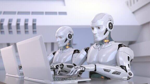 两个机器人使用笔记本电脑在线学习或远程工作