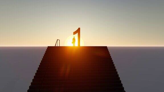 成功商人在楼梯顶部的3d动画进步向上增长日落男性轮廓未来的架构日落黄昏楼梯的一步途径商业成功