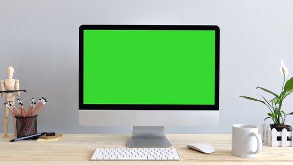 电脑桌面模型绿色屏幕白色背景办公室