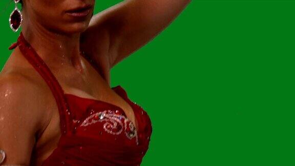 舞者肚皮舞肚皮舞者跳舞绿色的屏幕胸红性感CU