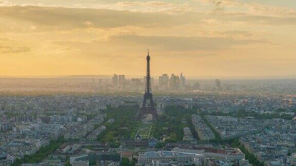 鸟瞰图的4k巴黎城市随时间推移，看见日落