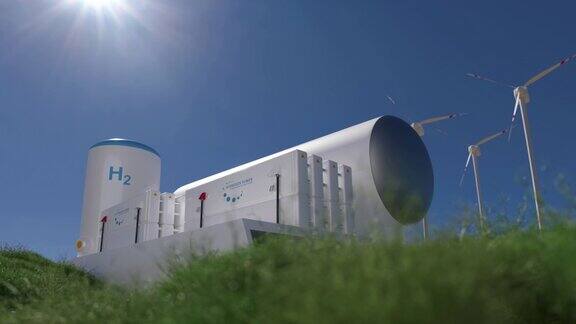 氢可再生能源生产-用于清洁电力、太阳能和风力涡轮机设施的氢气3d渲染