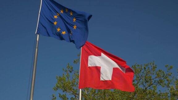 晴天苏黎世市国家和欧洲国旗慢镜头全景4k瑞士